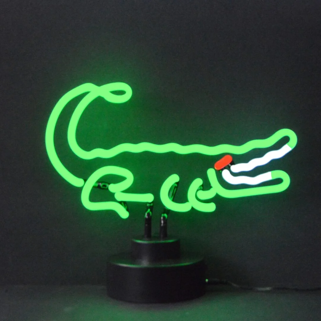 Alligator Neon Sculpture with hand-blown neon tubing on a black display base