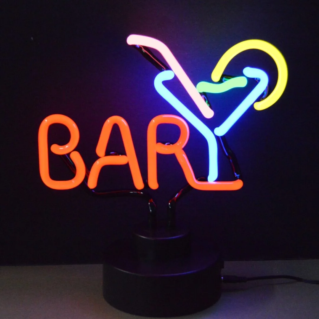 Bar Martini Neon Sculpture with hand-blown neon tubing on a black display base