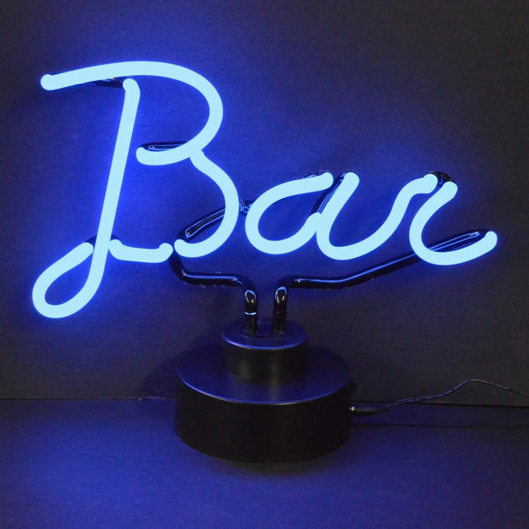 Bar Script Neon Sculpture with hand-blown neon tubing on a black display base