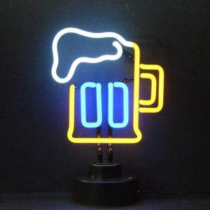 Beer Mug Neon Sculpture with hand-blown neon tubing on a black display base