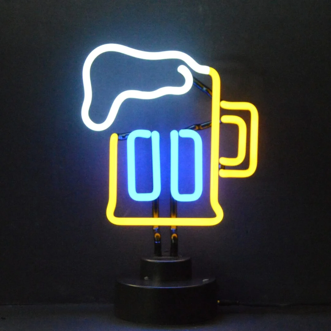Beer Mug Neon Sculpture with hand-blown neon tubing on a black display base