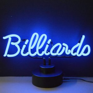 Billiards Neon Sculpture with hand-blown neon tubing on a black display base