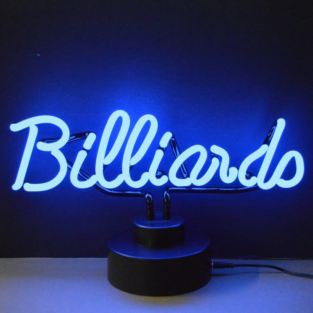Billiards Neon Sculpture with hand-blown neon tubing on a black display base