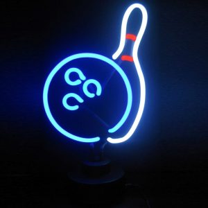 Bowling Neon Sculpture with hand-blown neon tubing on a black display base