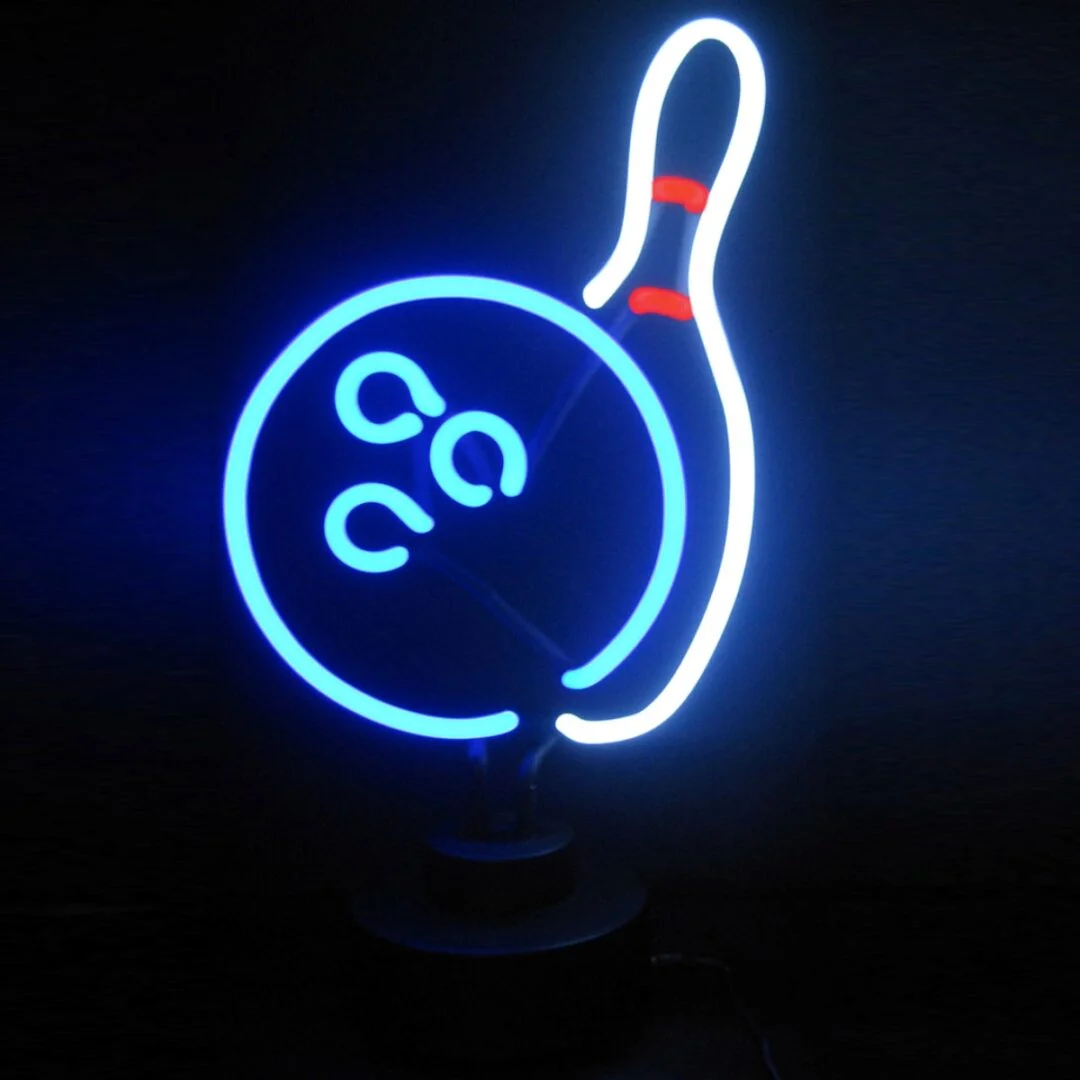 Bowling Neon Sculpture with hand-blown neon tubing on a black display base