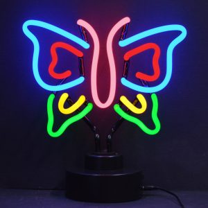 Butterfly Neon Sculpture with hand-blown neon tubing on a black display base