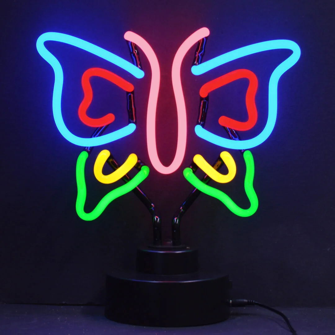 Butterfly Neon Sculpture with hand-blown neon tubing on a black display base