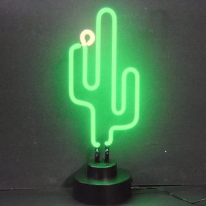 Cactus Neon Sculpture with hand-blown neon tubing on a black display base