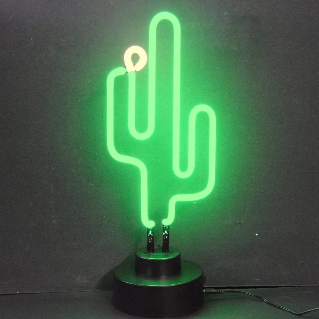 Cactus Neon Sculpture with hand-blown neon tubing on a black display base