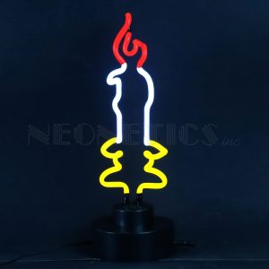 Candle Neon Sculpture with hand-blown neon tubing on a black display base