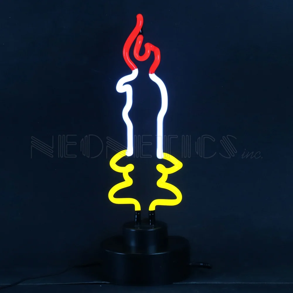 Candle Neon Sculpture with hand-blown neon tubing on a black display base