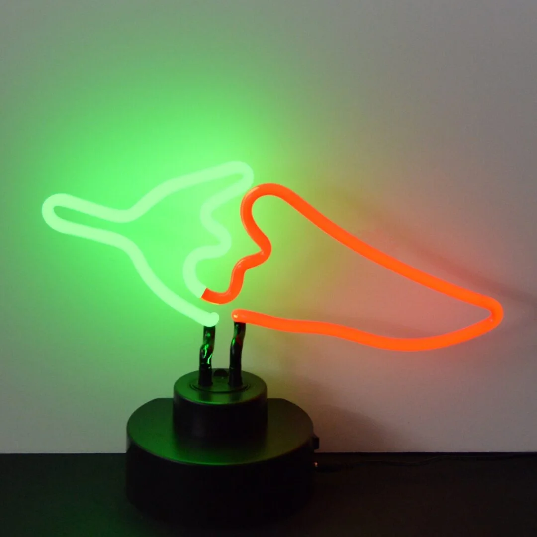 Chili Pepper Neon Sculpture with hand-blown neon tubing on a black display base