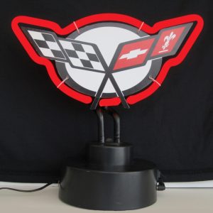 Corvette C5 Neon Sculpture with hand-blown neon tubing on a black display base