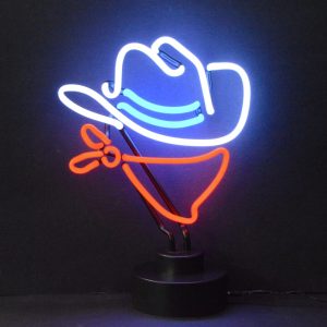 Cowboy Neon Sculpture with hand-blown neon tubing on a black display base