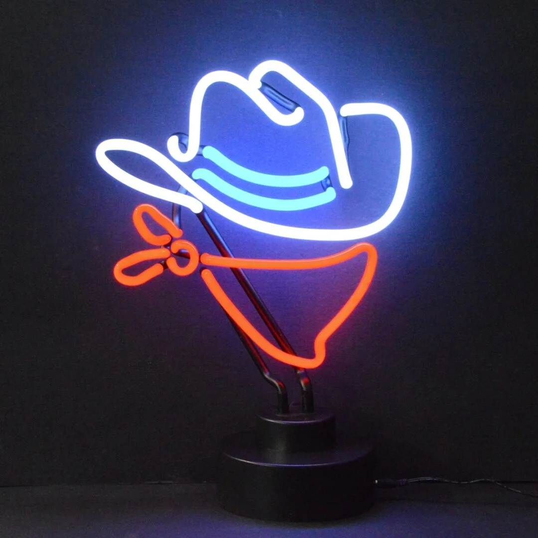 Cowboy Neon Sculpture with hand-blown neon tubing on a black display base