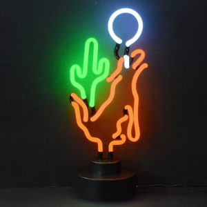 Coyote Moon Cactus Neon Sculpture with hand-blown neon tubing on a black display base