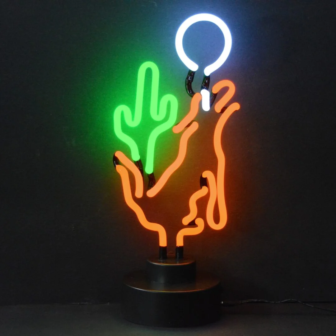 Coyote Moon Cactus Neon Sculpture with hand-blown neon tubing on a black display base