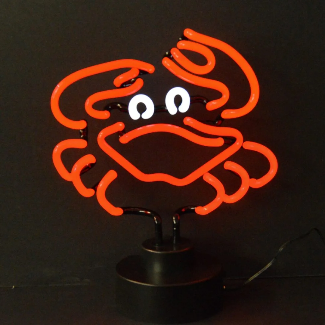 Crab Neon Sculpture with hand-blown neon tubing on a black display base