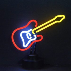 Electric Guitar Neon Sculpture with hand-blown neon tubing on a black display base