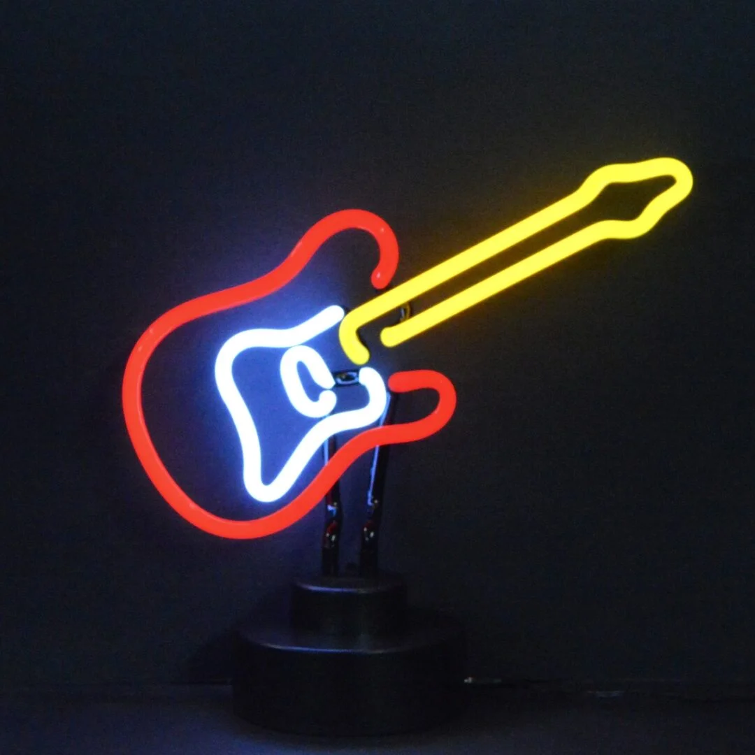Electric Guitar Neon Sculpture with hand-blown neon tubing on a black display base