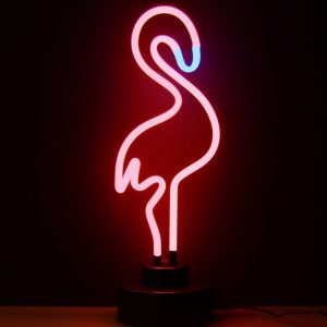 Flamingo Neon Sculpture with hand-blown neon tubing on a black display base