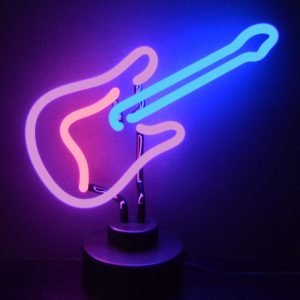 Guitar Neon Sculpture with hand-blown neon tubing on a black display base