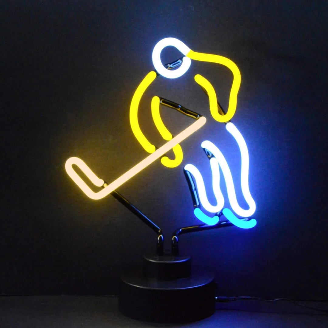 Hockey player neon sculpture with yellow, blue, and white tubing