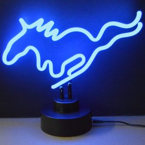 Blue running horse neon sculpture on a black display base