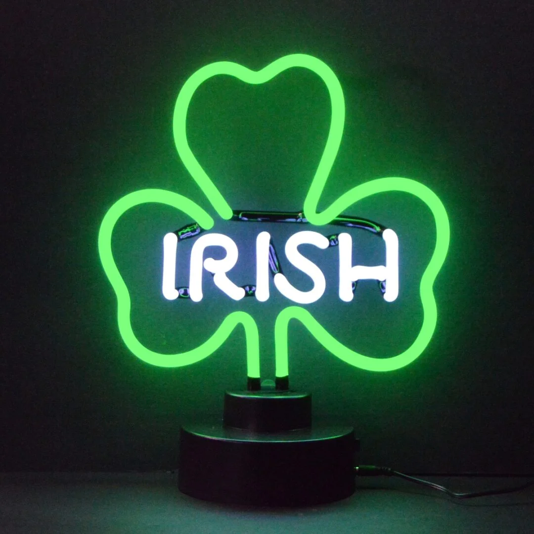 Green Irish shamrock neon sculpture with IRISH lettering