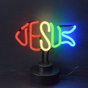 Multicolored JESUS fish neon sculpture on a black base