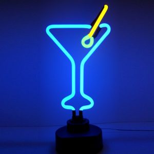 Blue martini glass neon sculpture with olive detail