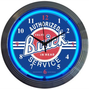 GM Buick Service Neon Clock with chrome-finished rim and illuminated neon tube