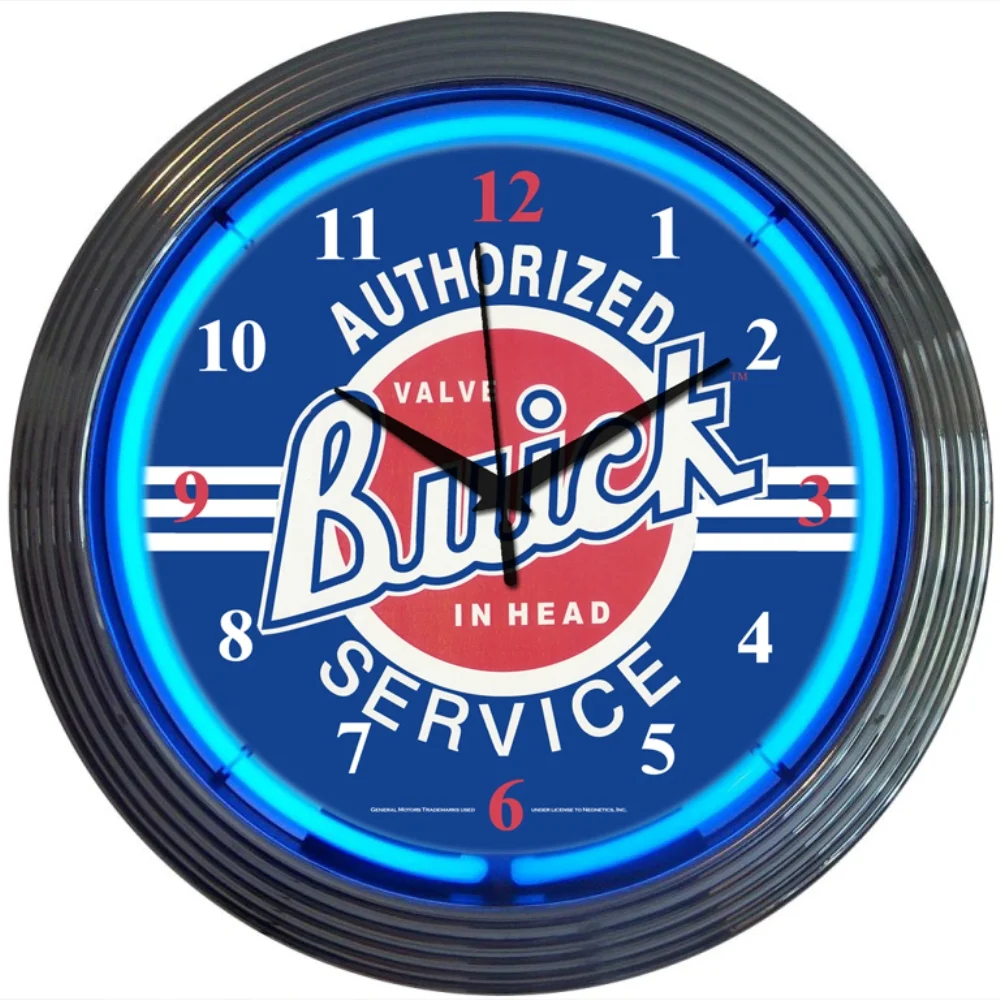 GM Buick Service Neon Clock with chrome-finished rim and illuminated neon tube
