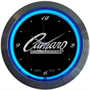 GM Camaro Script Neon Clock with chrome-finished rim and illuminated neon tube