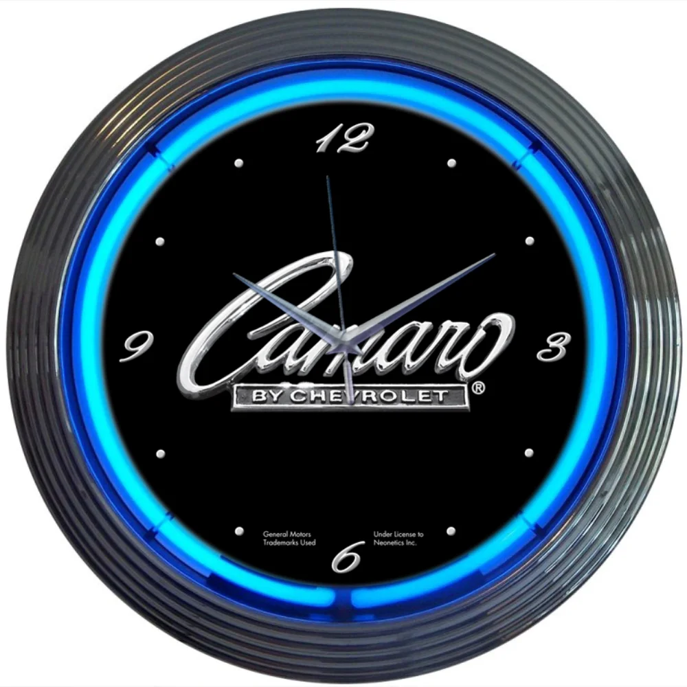 GM Camaro Script Neon Clock with chrome-finished rim and illuminated neon tube