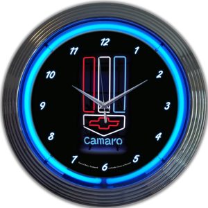 GM Camaro Red, White & Blue Neon Clock with chrome-finished rim and illuminated neon tube