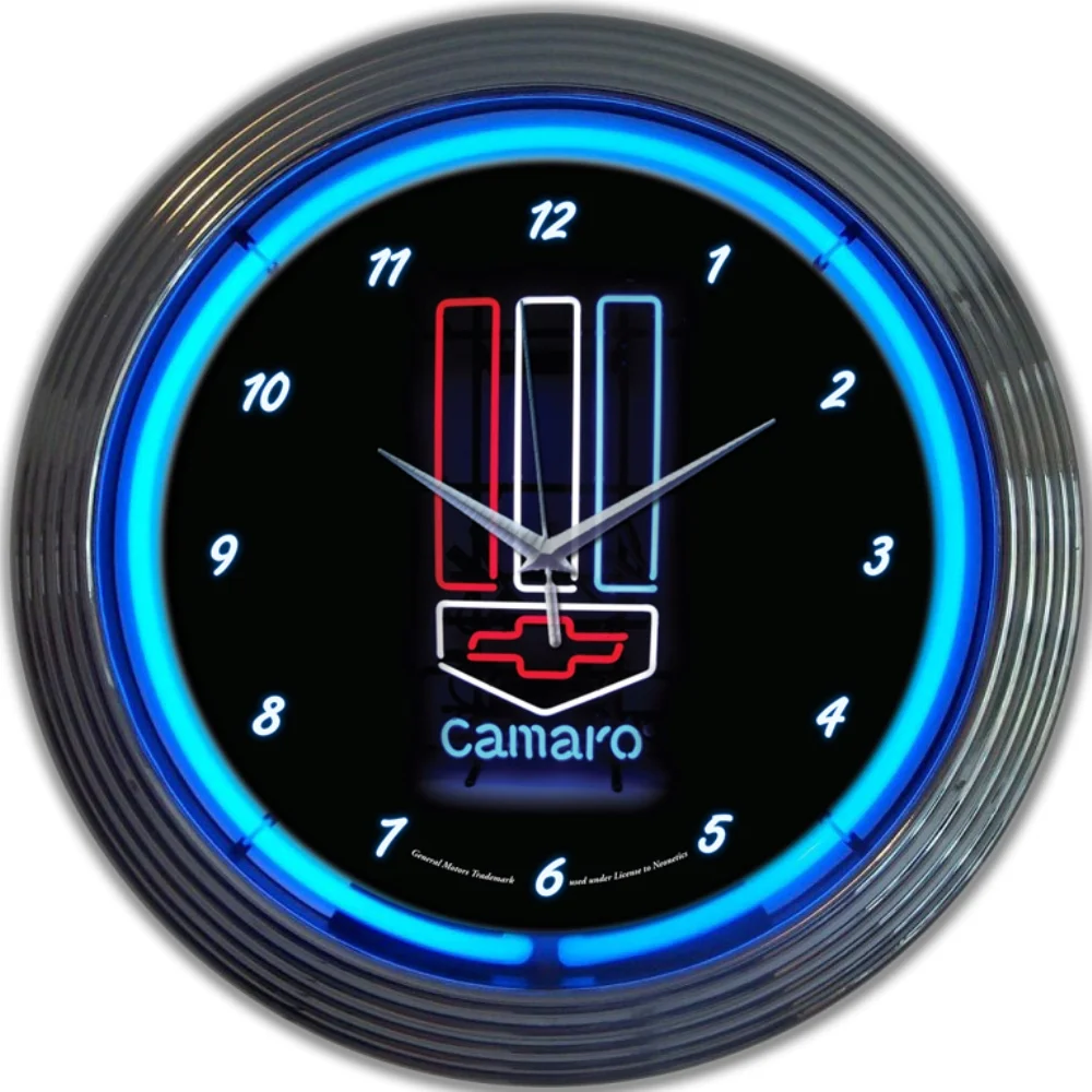 GM Camaro Red, White & Blue Neon Clock with chrome-finished rim and illuminated neon tube