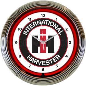 International Harvester Neon Clock with chrome-finished rim and illuminated neon tube