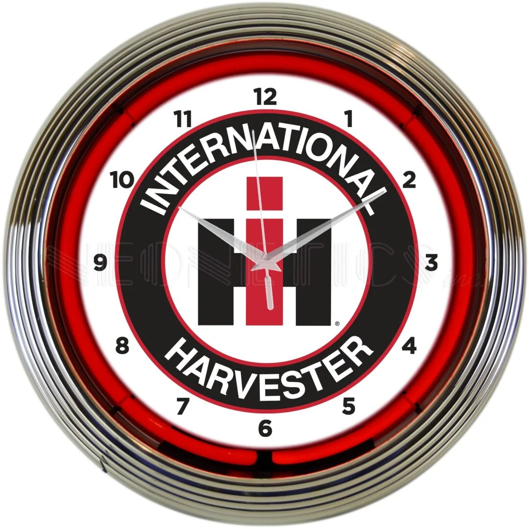 International Harvester Neon Clock with chrome-finished rim and illuminated neon tube