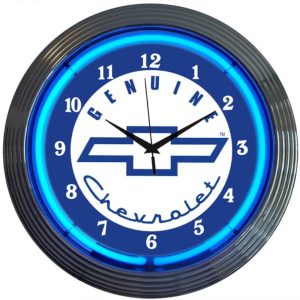 GM Genuine Chevy Neon Clock with chrome-finished rim and illuminated neon tube