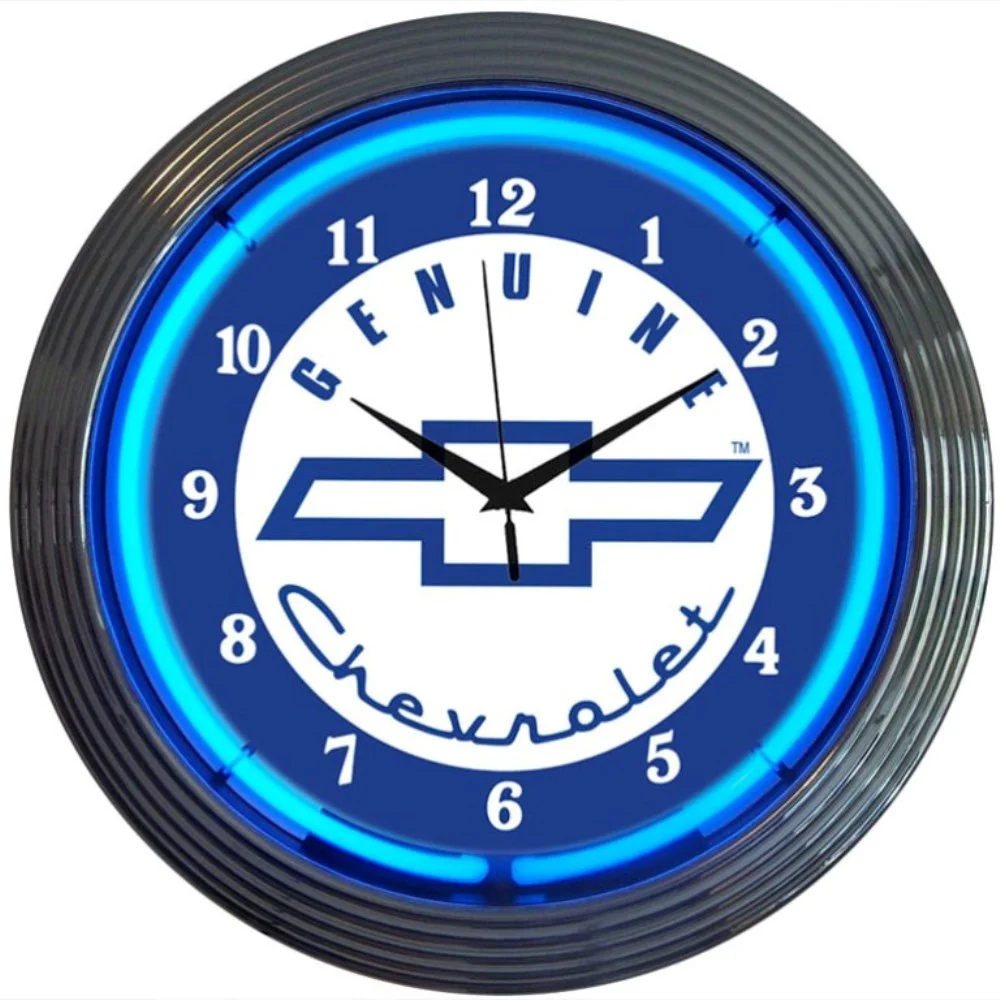 GM Genuine Chevy Neon Clock with chrome-finished rim and illuminated neon tube
