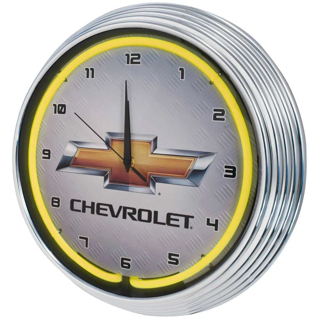 GM Chevrolet Yellow Neon Clock with chrome-finished rim and illuminated neon tube