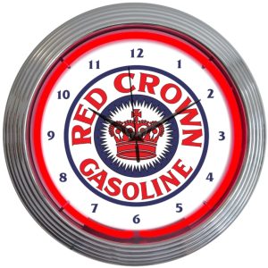 Red Crown Gasoline Neon Clock with chrome-finished rim and illuminated neon tube