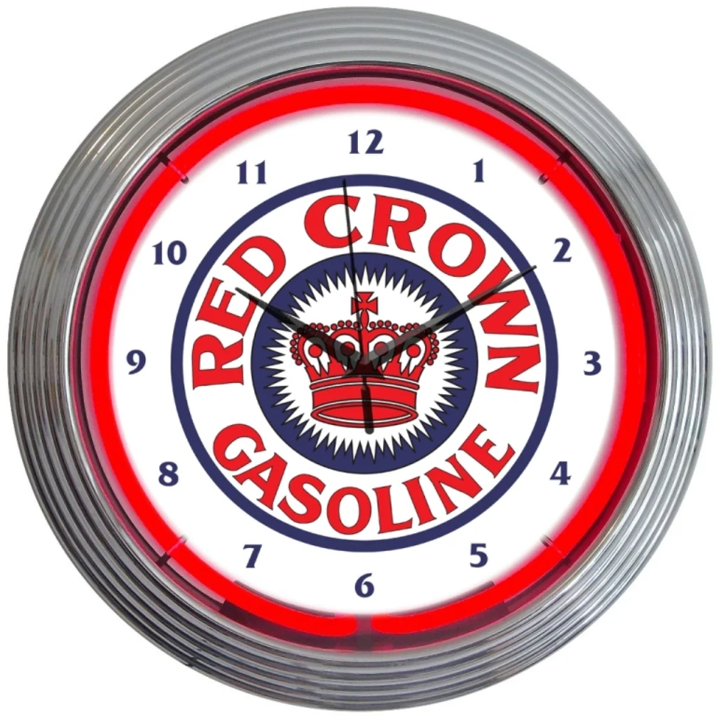 Red Crown Gasoline Neon Clock with chrome-finished rim and illuminated neon tube