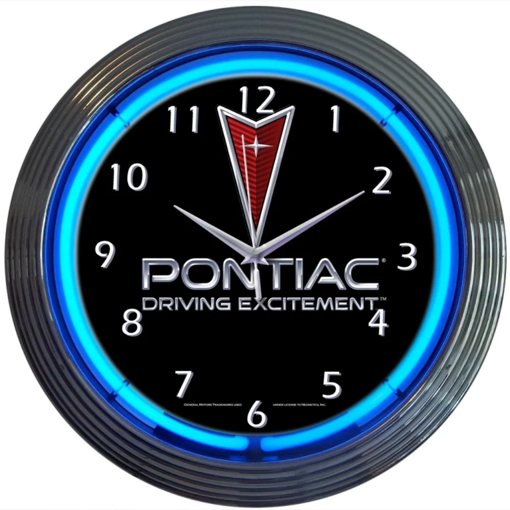 Pontiac Driving Excitement Neon Clock with chrome-finished rim and illuminated neon tube