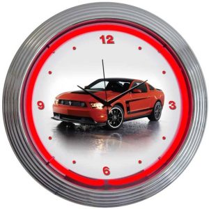 Ford Mustang Boss 302 Neon Clock with chrome-finished rim and illuminated neon tube