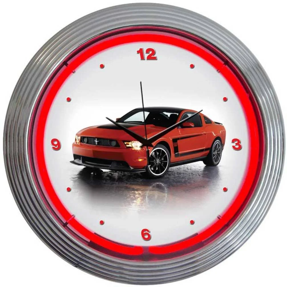 Ford Mustang Boss 302 Neon Clock with chrome-finished rim and illuminated neon tube