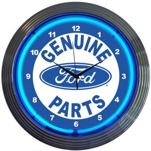 Ford Genuine Parts Neon Clock with chrome-finished rim and illuminated neon tube