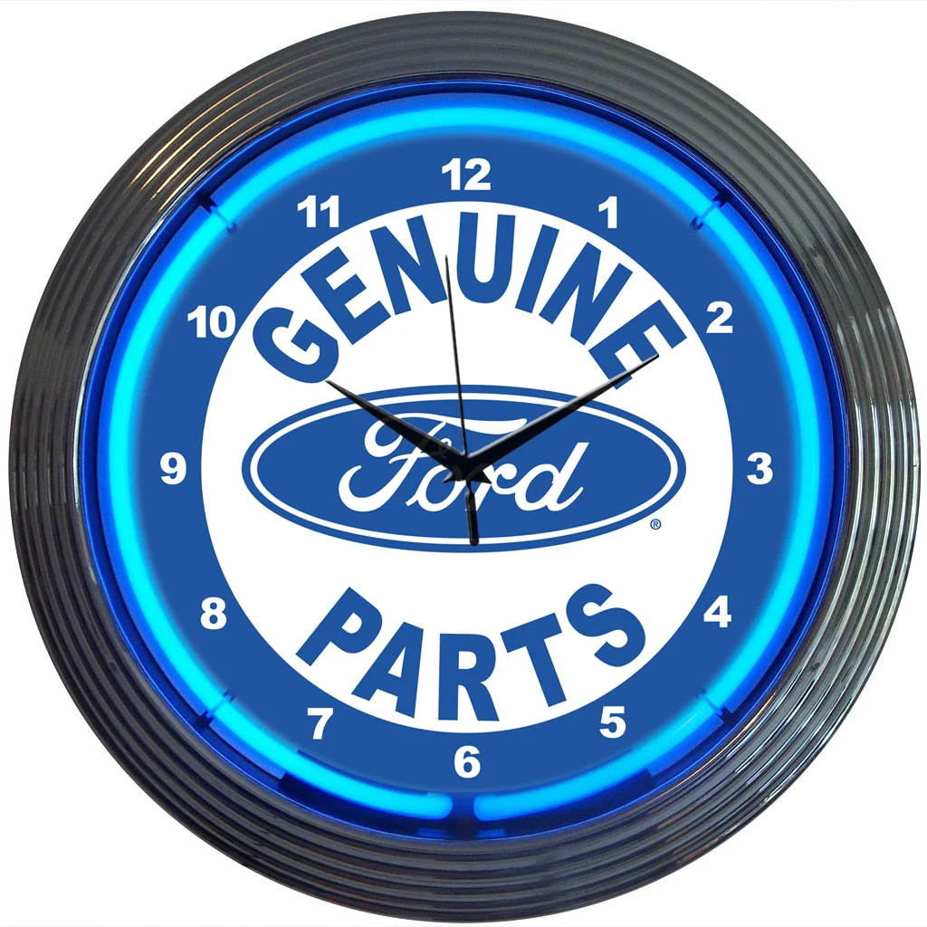 Ford Genuine Parts Neon Clock with chrome-finished rim and illuminated neon tube