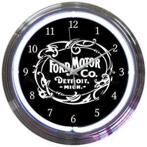 Ford Motor Company 1903 Heritage Emblem Neon Clock with chrome-finished rim and illuminated neon tube